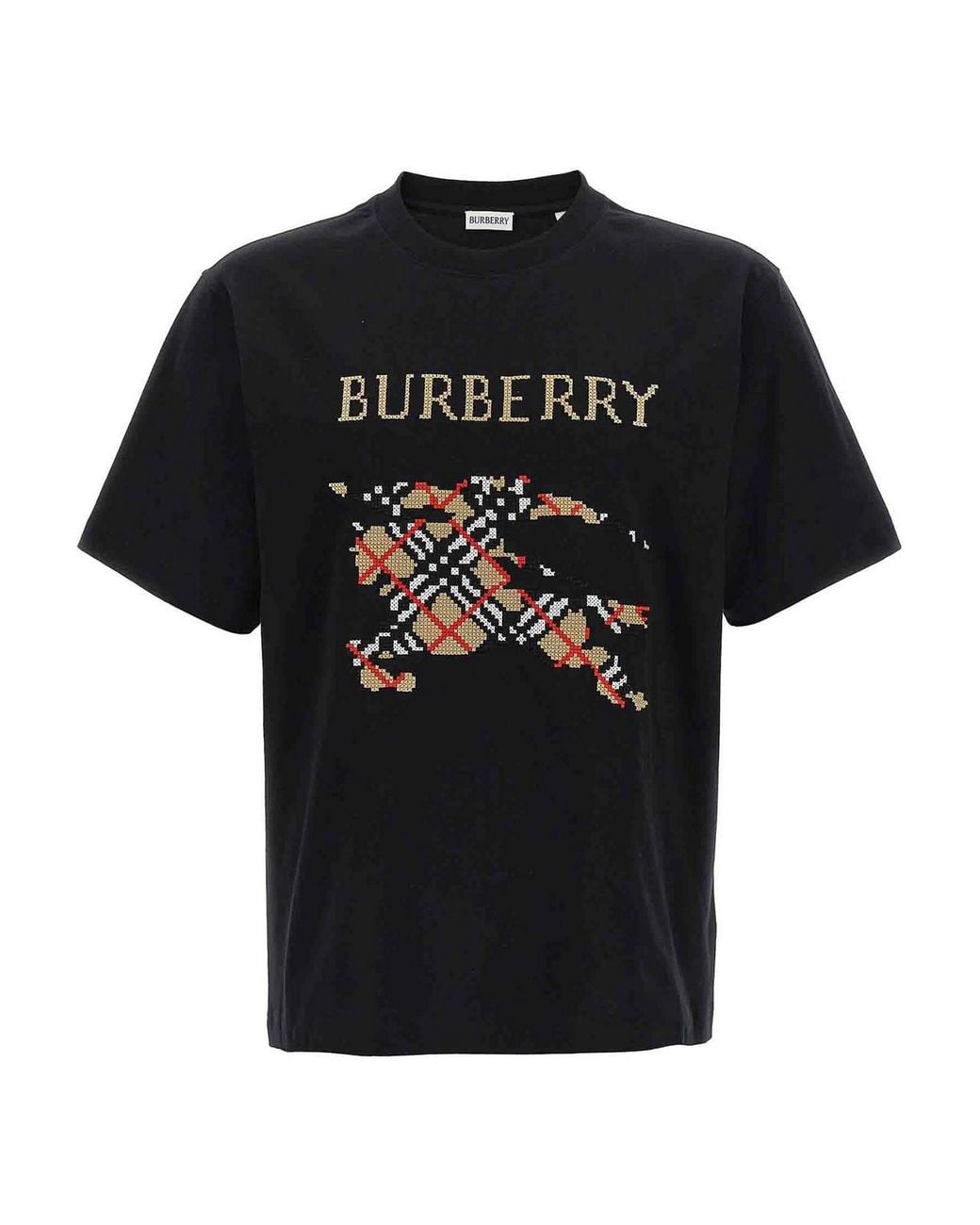 Burberry Black Equestrian Knight Design Cross Stitch T-Shirt for men