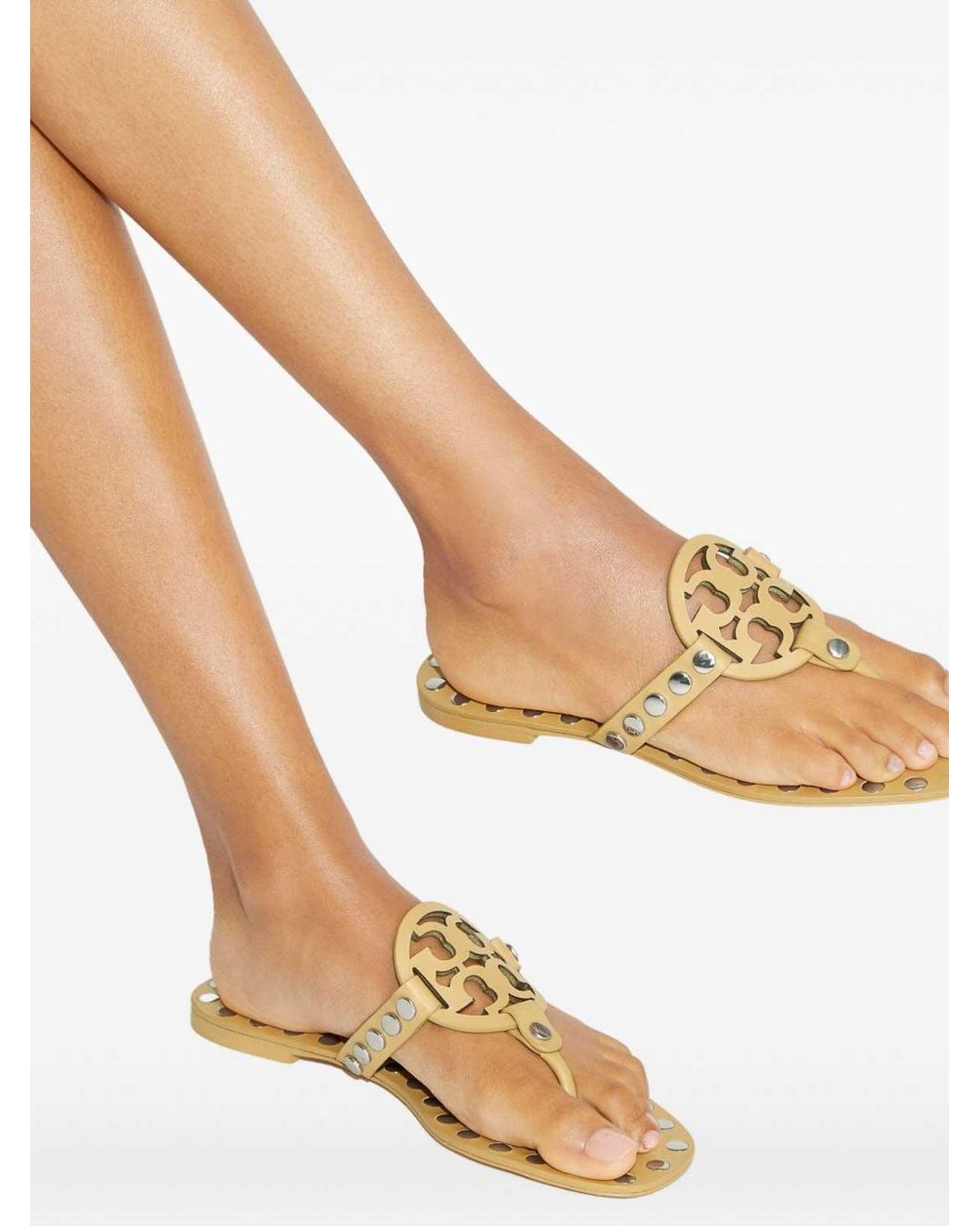 Tory Burch Metallic Studded Miller Leather Flat Sandals