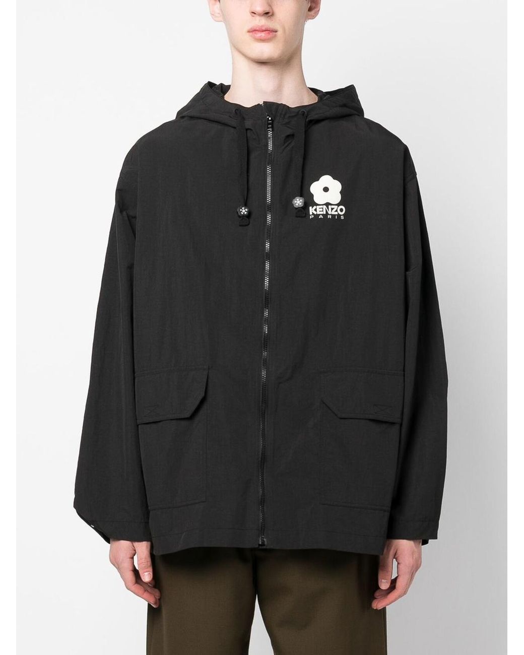 KENZO Black Zip-Up Hooded Jacket With Logo for men