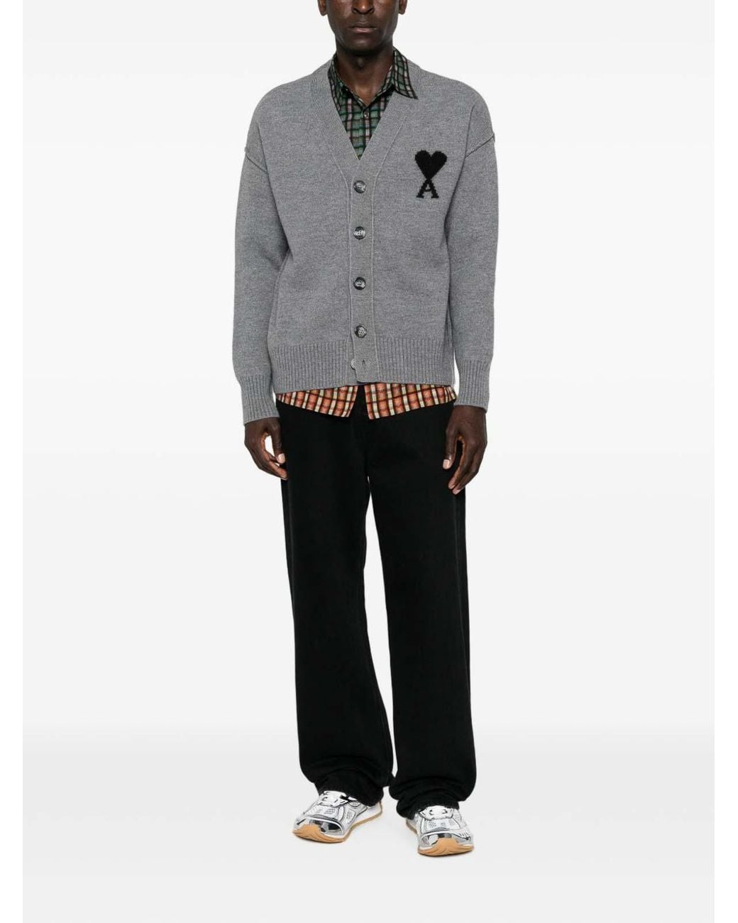 AMI Gray Ami De Coeur Wool Cardigan for men