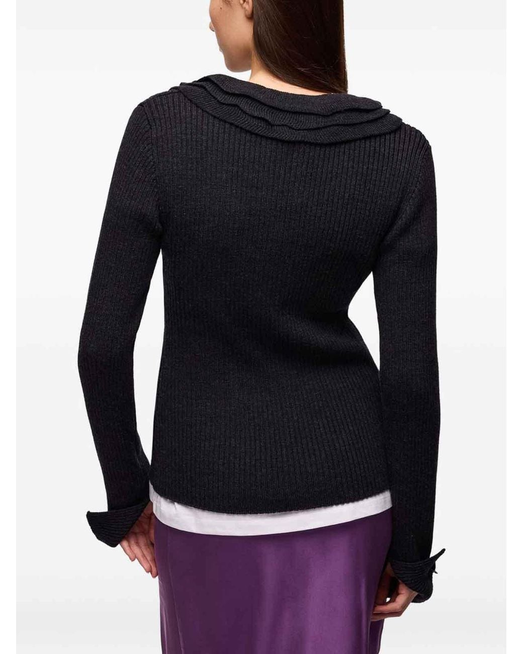 Ganni Blue Ribbed Merino Wool Frill Sweater