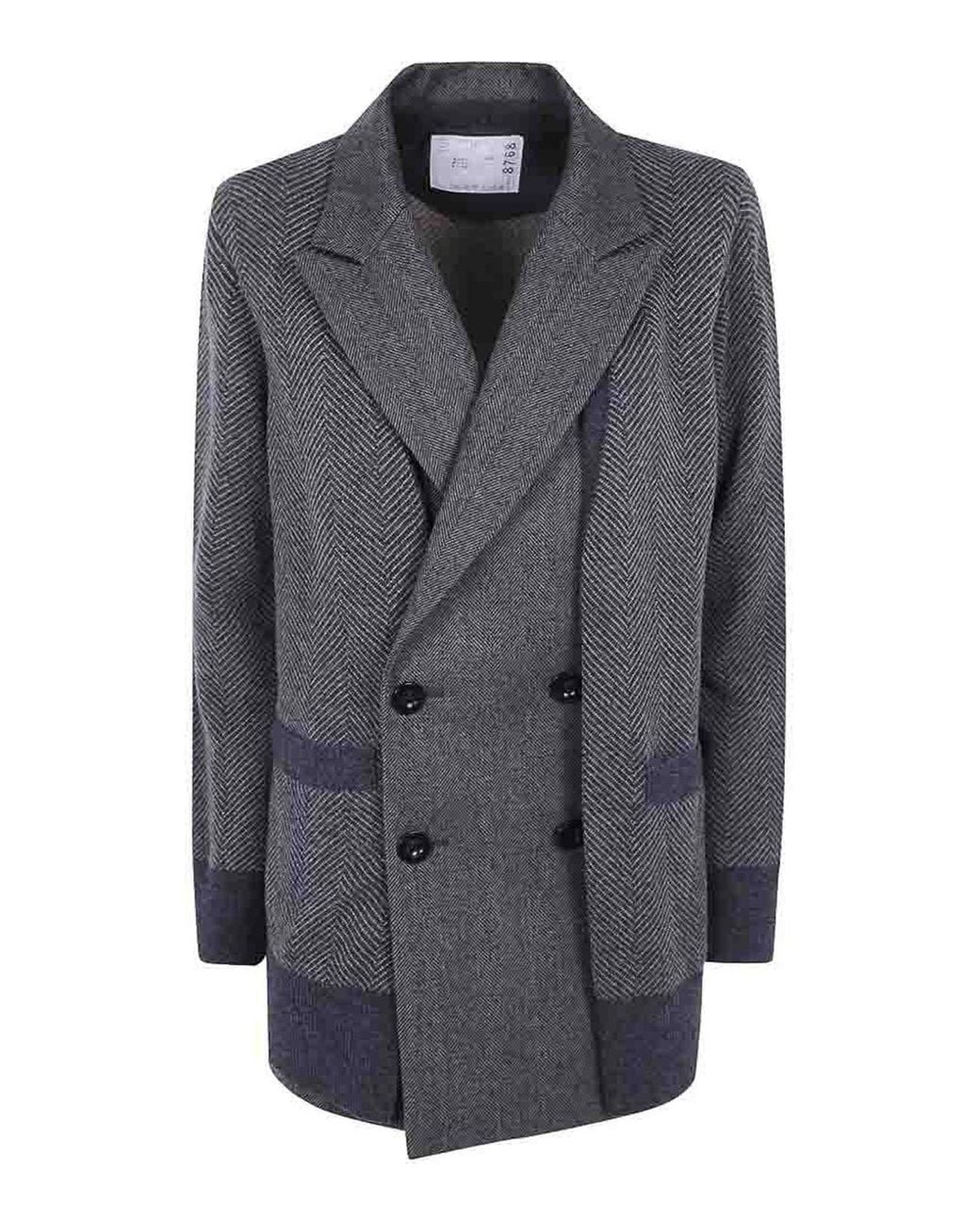 Sacai Gray Herringbone Wool Double-Breasted Blazer
