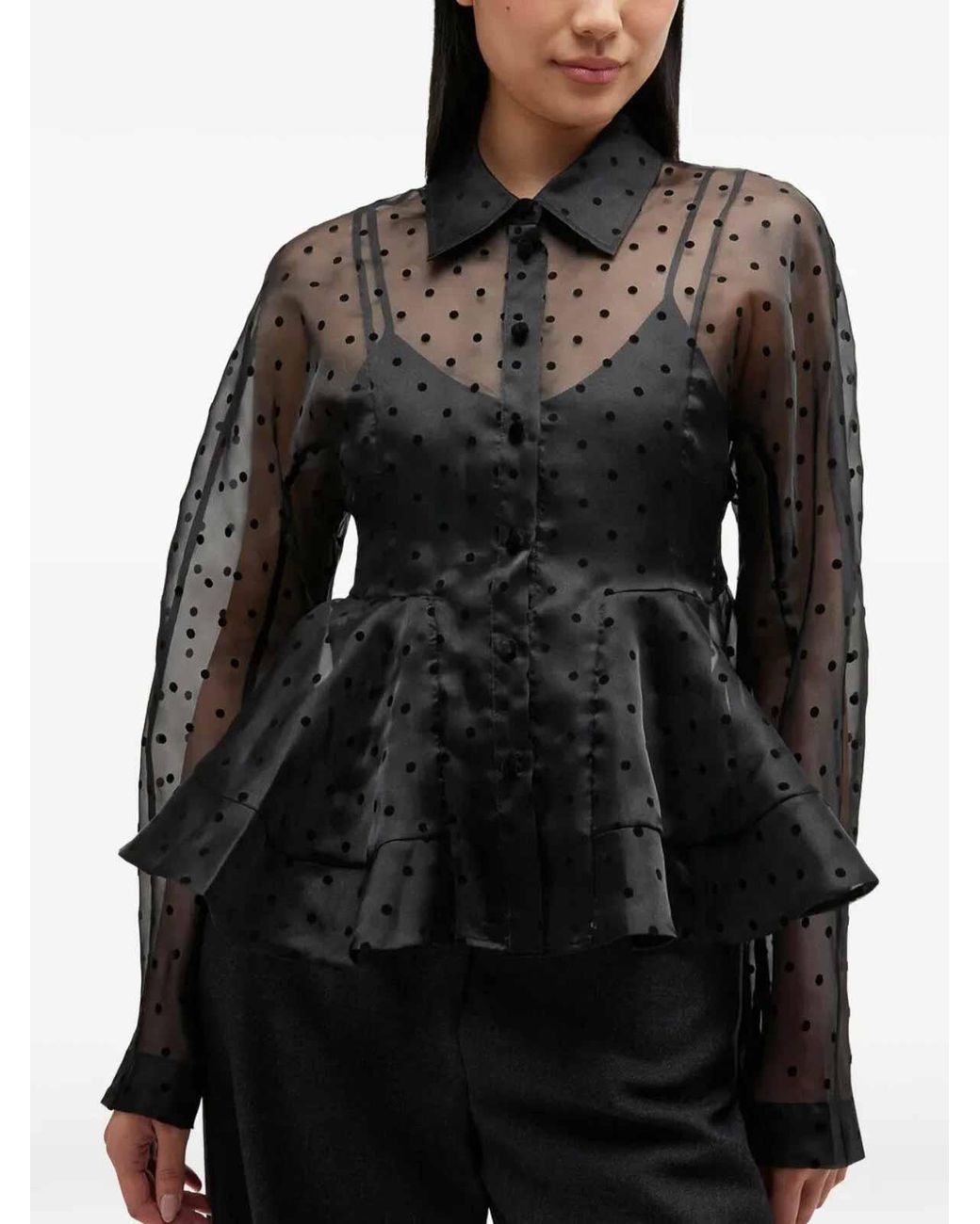 Ganni Black Flocked Organza Peplum Shirt