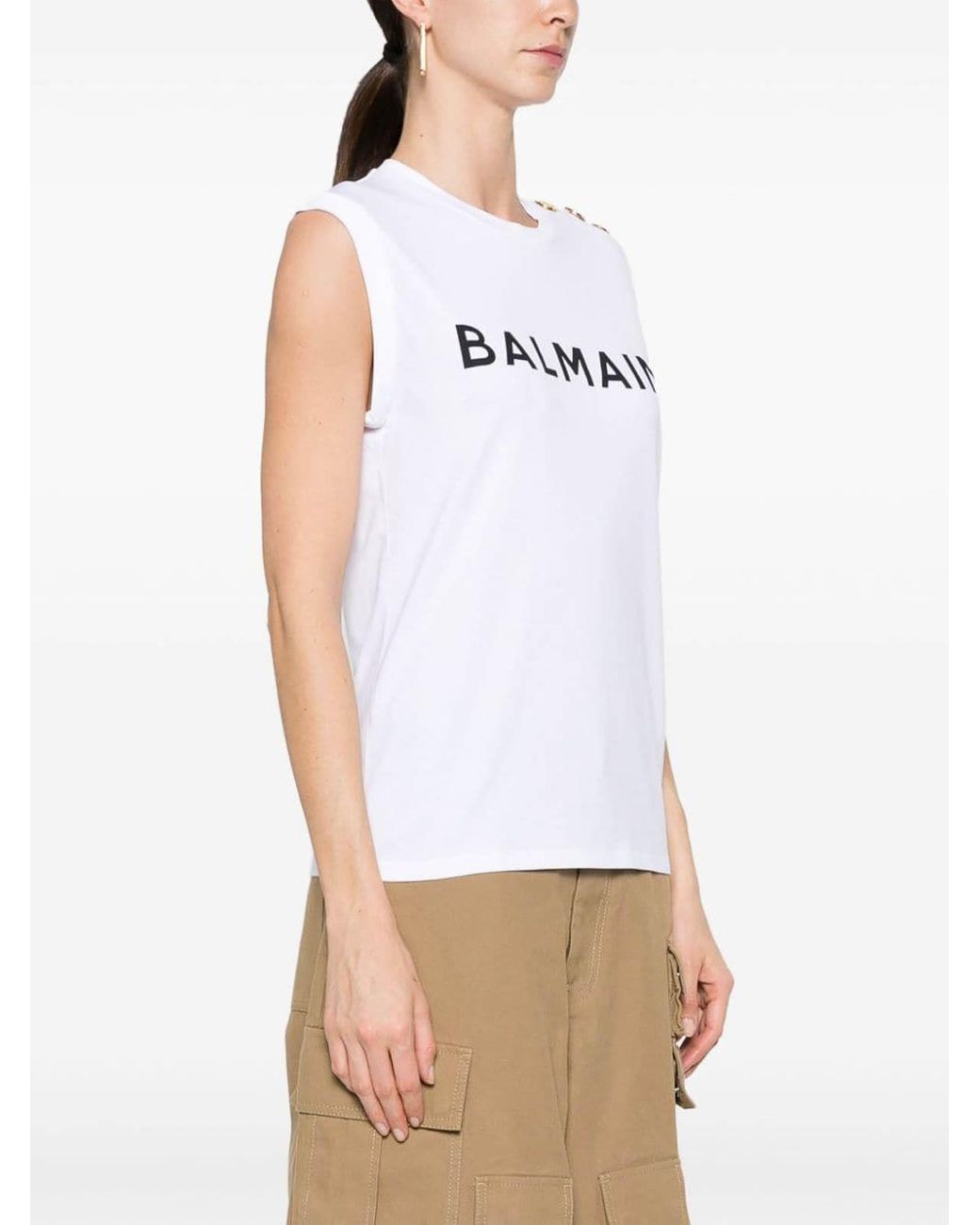 Balmain White Optical Button Shoulder Logo T-shirt