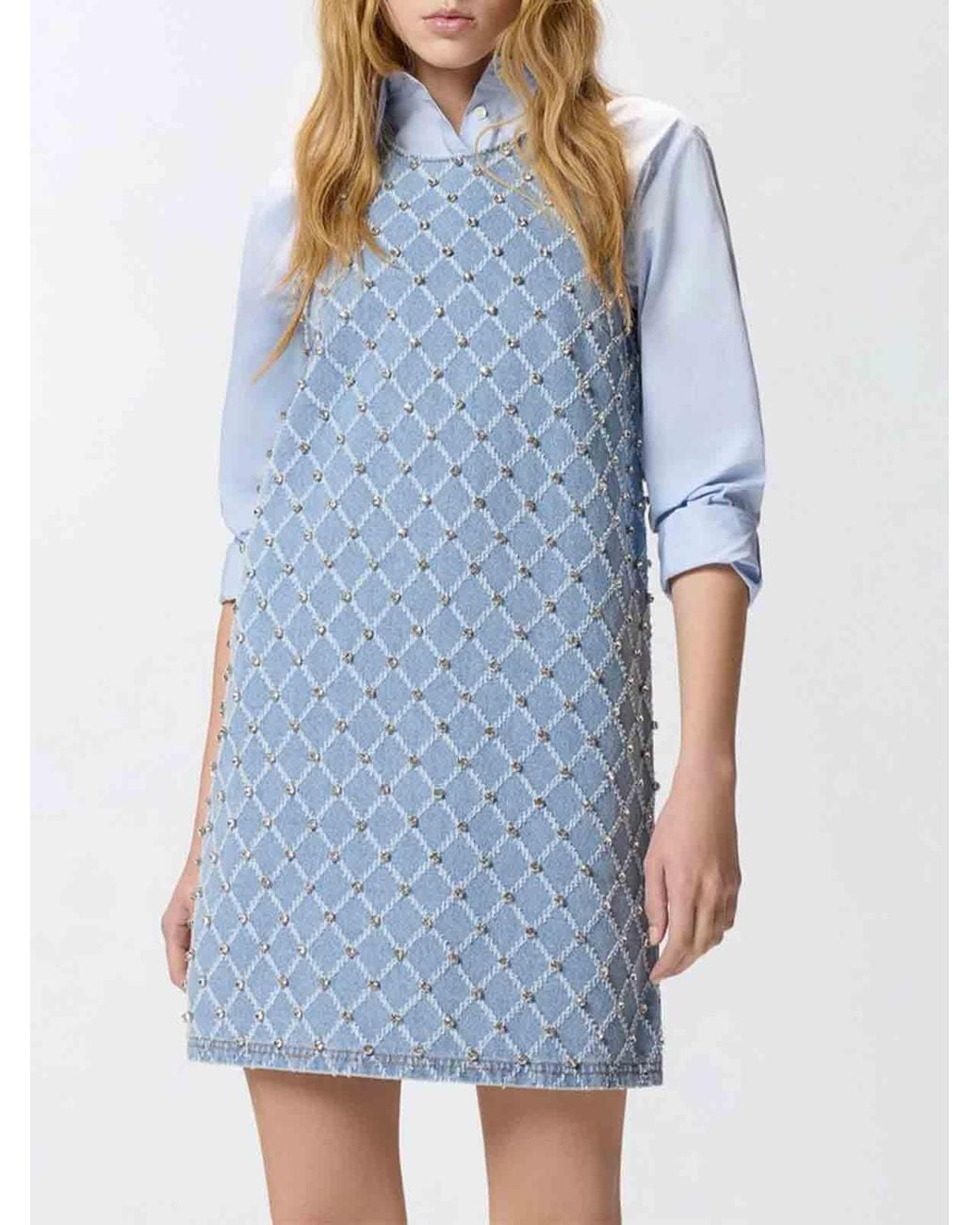 Pinko Blue Sleeveless Denim Dress With Rhinestones