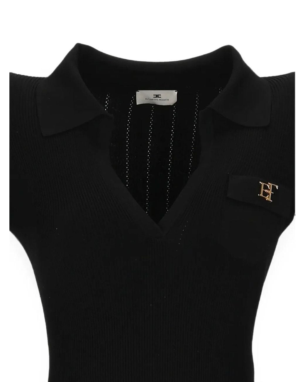 Elisabetta Franchi Black Ribbed Knit Bodysuit With Deep V-Neckline And Logo Detail