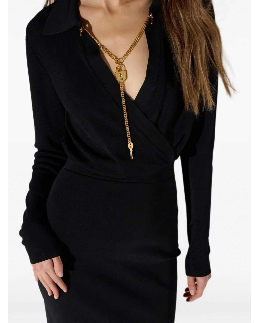 Elisabetta Franchi Black Viscose V-Neck Long-Sleeve Midi Dress