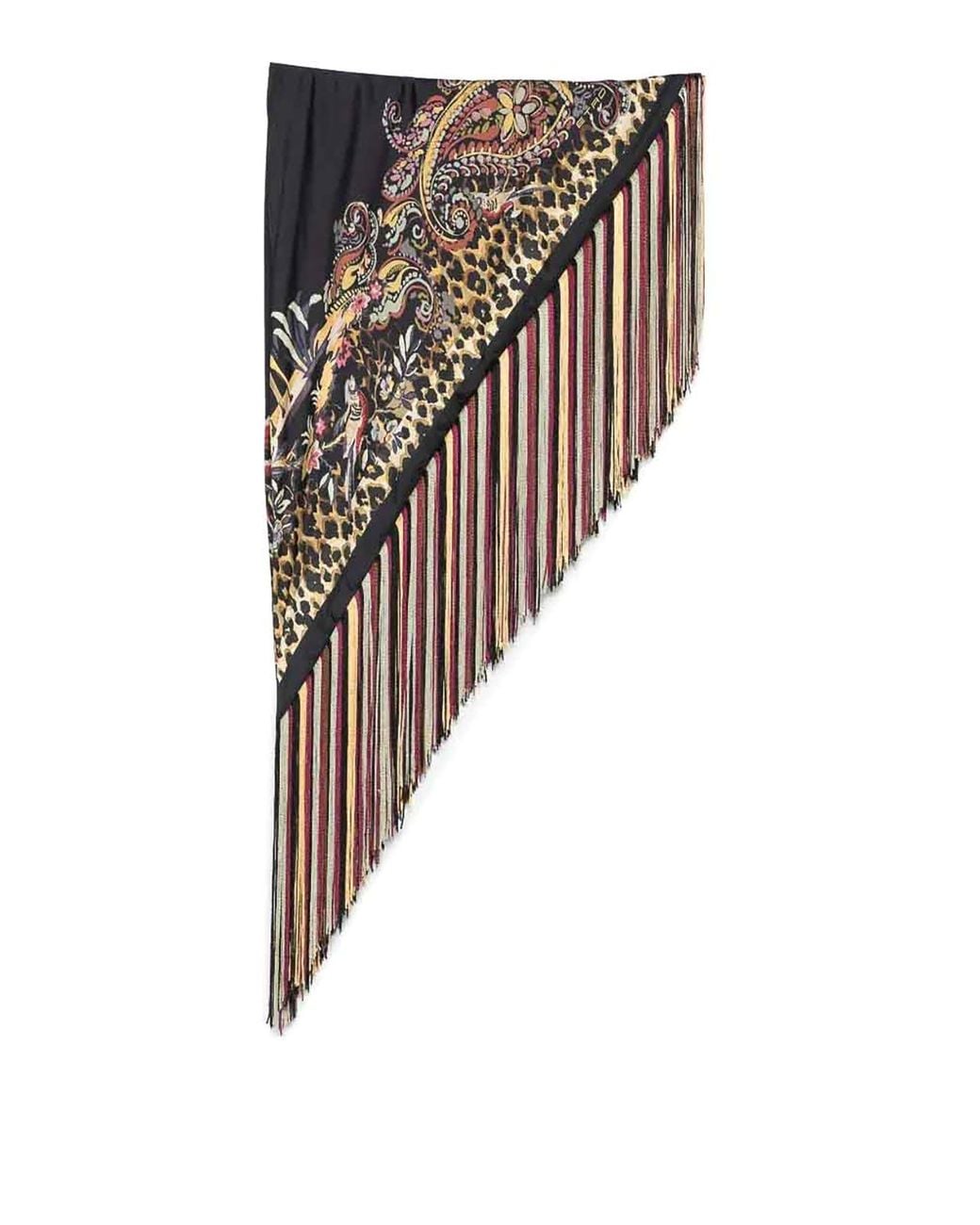 Etro Black Écharpe À Franges, Motif Cachemire Et Imprimé Léopard