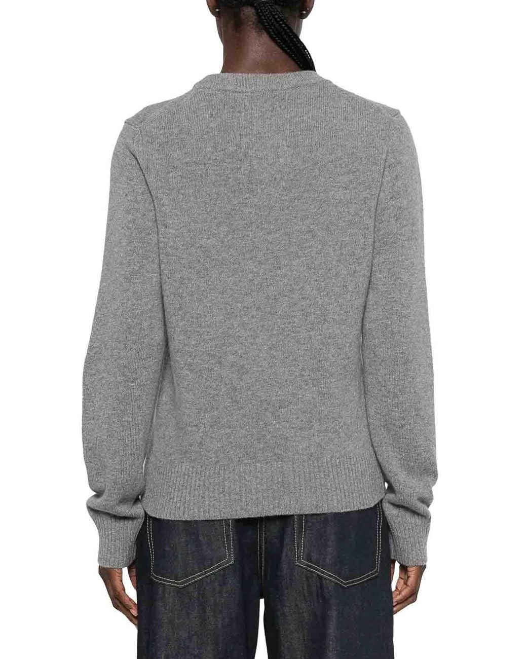 Ganni Gray Crewneck Knit Sweater With Front Graphic Intarsia
