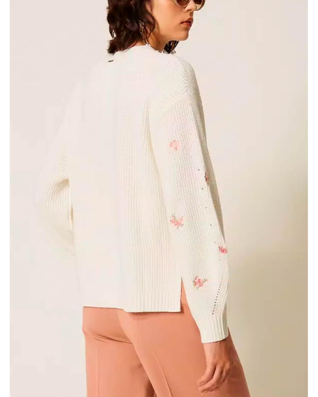 Twinset White Ribbed Sweater With Floral Embroidery