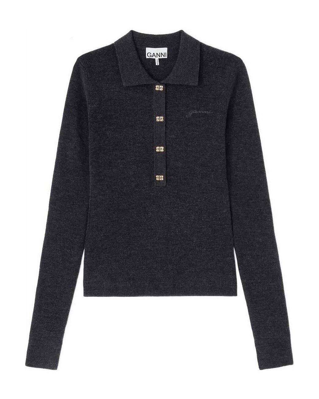 Ganni Blue Wool Merino Polo