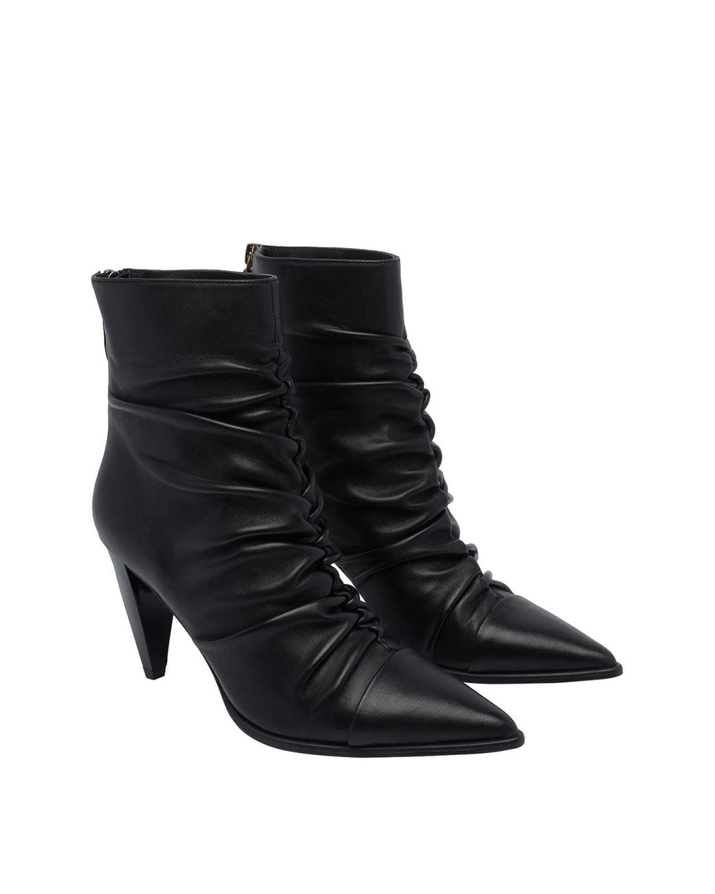 Pinko Black Vane Draped Leather Ankle Boots With High Flared Heel And Almond Toe
