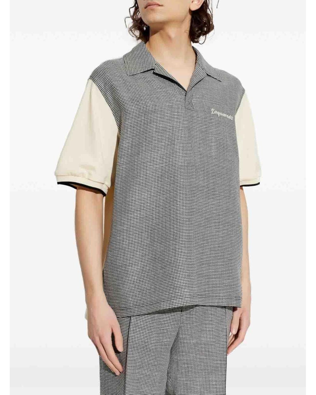 DSquared² Gray Houndstooth Wool-Linen Polo for men