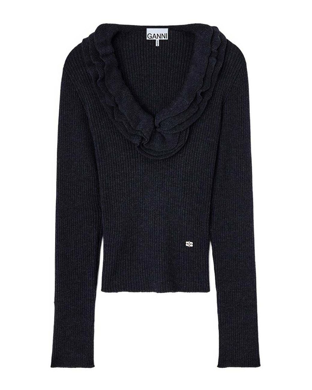 Ganni Blue Ribbed Merino Wool Frill Sweater