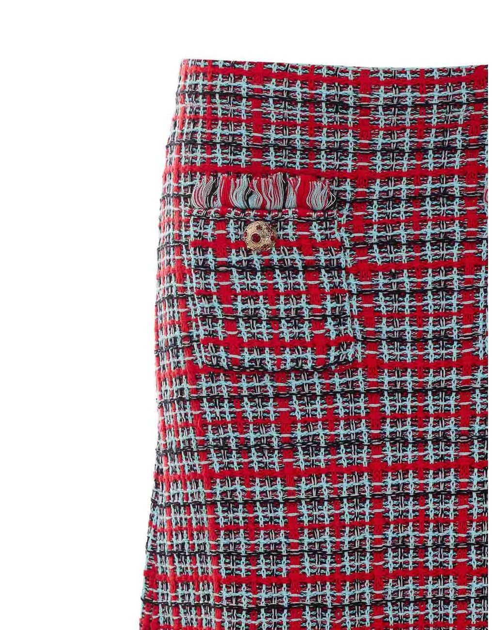 Self-Portrait Purple Check Frayed Knit Midi Skirt