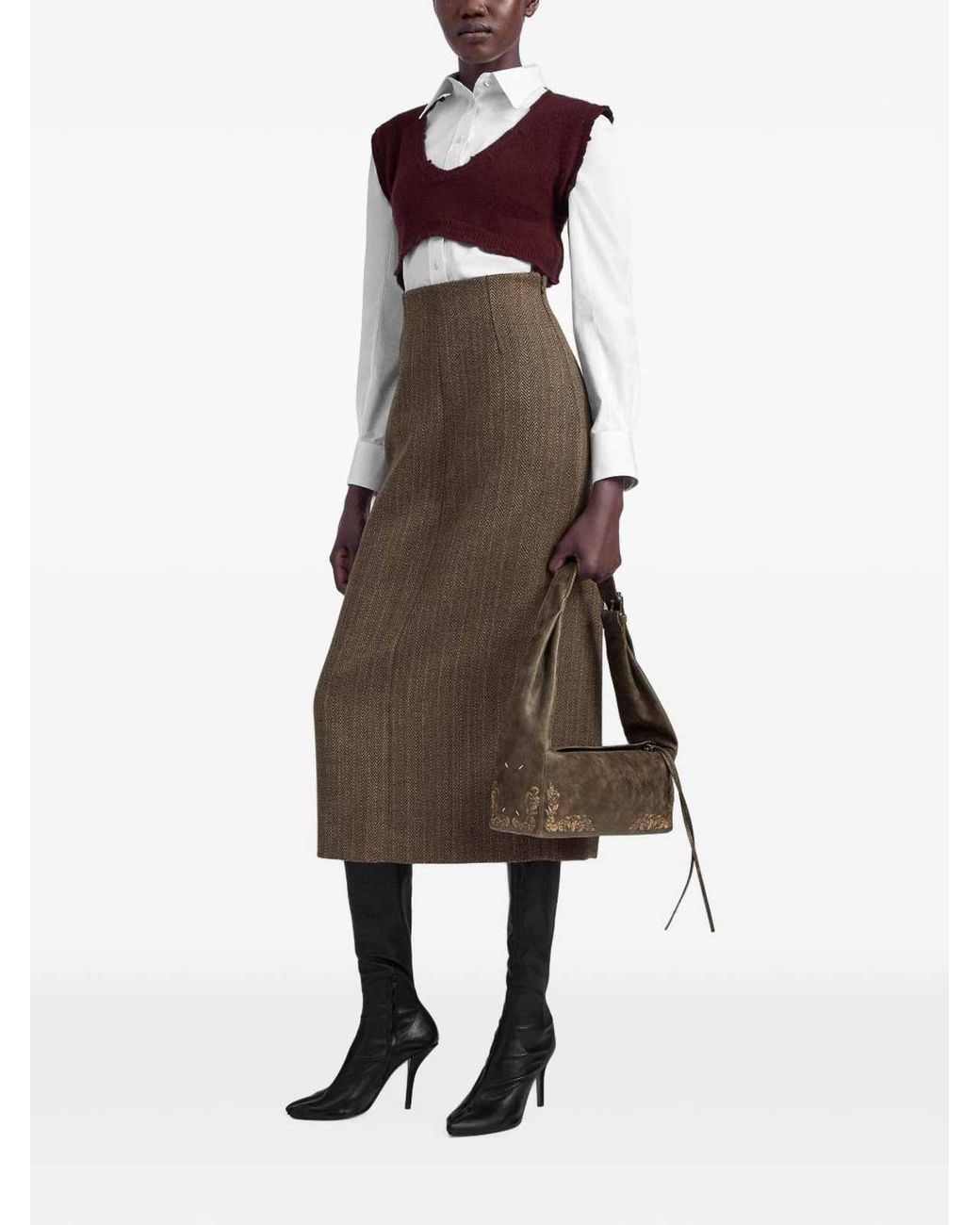 Maison Margiela Brown Herringbone Virgin Wool Midi Pant Skirt