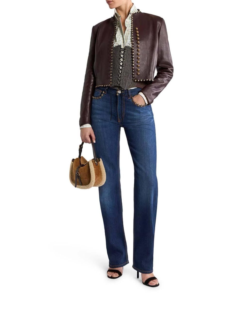 Etro Brown Studded Cropped Leather Jacket