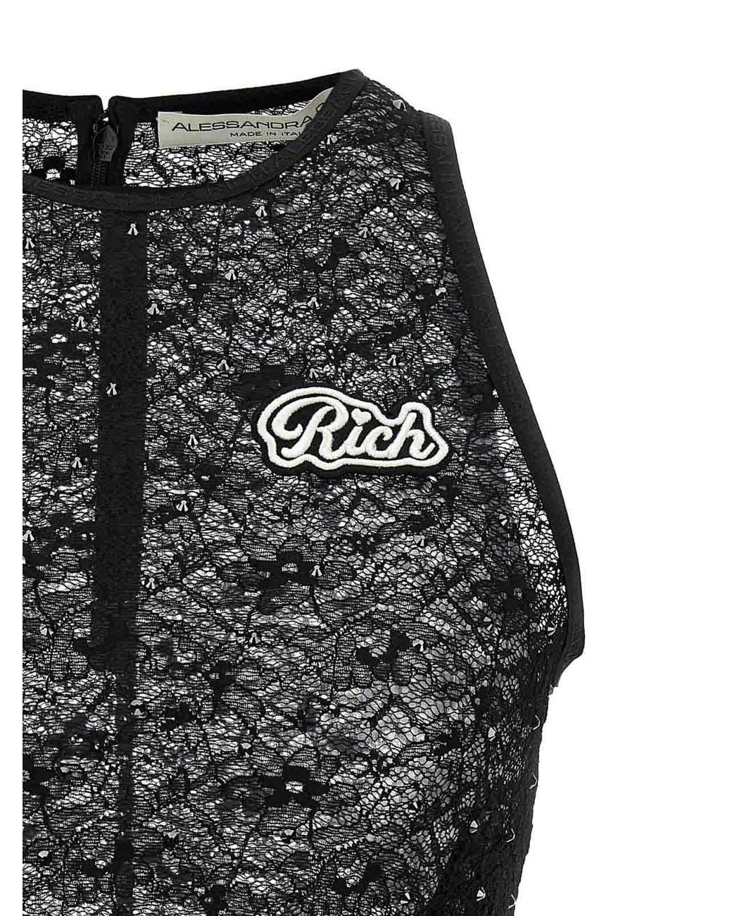 Alessandra Rich Black Rhinestone Appliqué Lace Top With Crew Neck