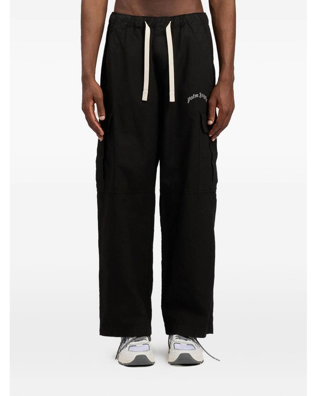 Palm Angels Black Curved Logo Loose Cargo Pants for men