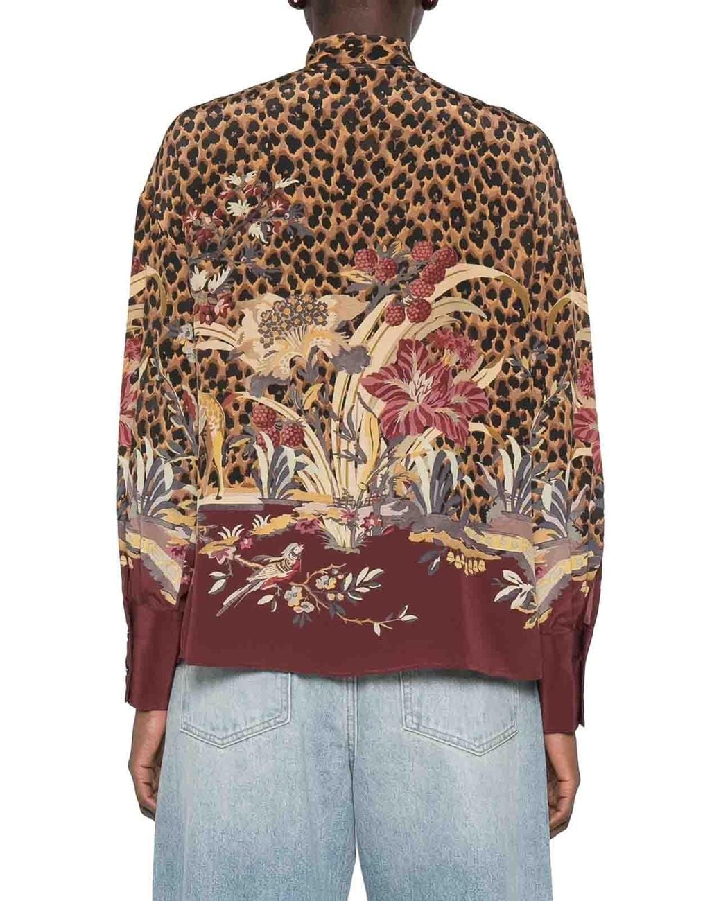 Etro Brown Animal And Floral Printed Shirt With Neck Bow
