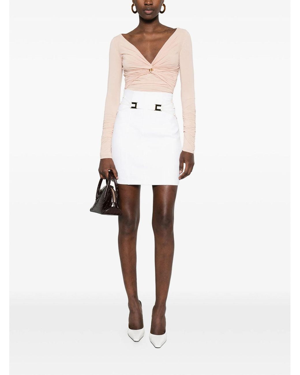 Elisabetta Franchi White Mini Skirt In Double Stretch Crêpe With Elastics
