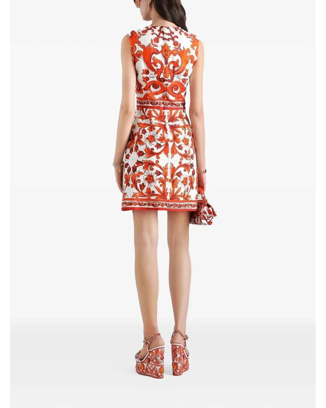 Dolce & Gabbana Red Majolica Print Sleeveless A Line Mini Dress