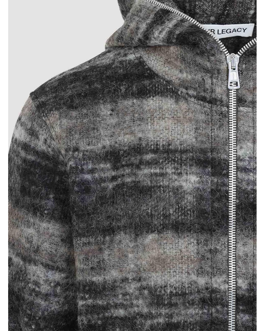 Our Legacy Gray Fuzzy Knit Stripe Zip-Up Hoodie for men