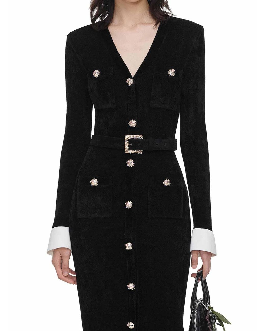 Self-Portrait Black Velvet Midi Dress With Jewel Buttons And Belt