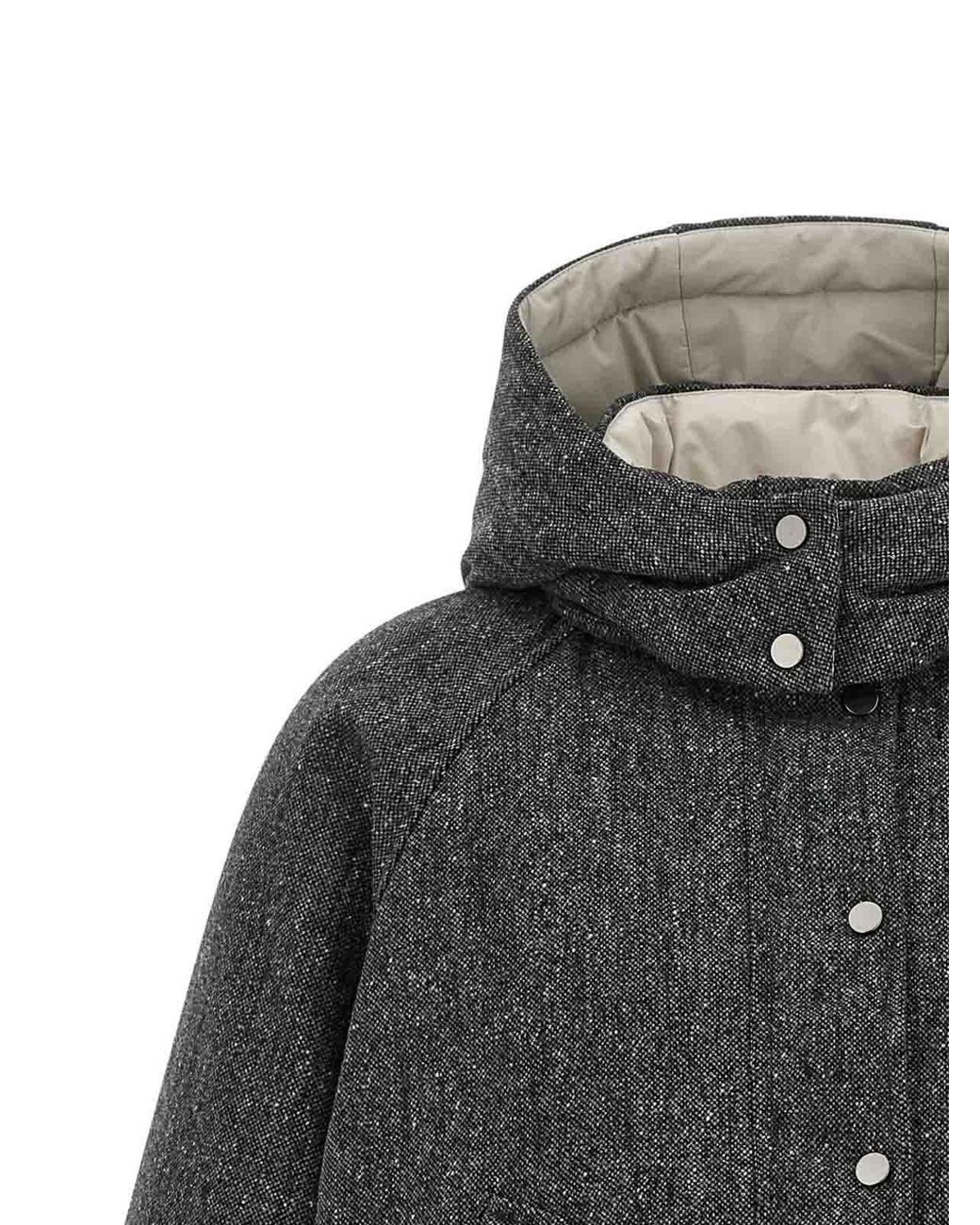 Brunello Cucinelli Gray Hooded Tweed Padded Jacket