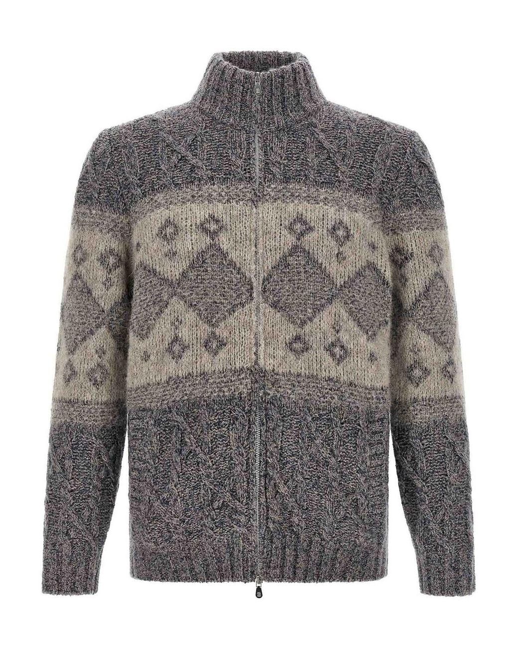 Brunello Cucinelli Gray Cable-Knit Wool-Blend Zip Cardigan for men