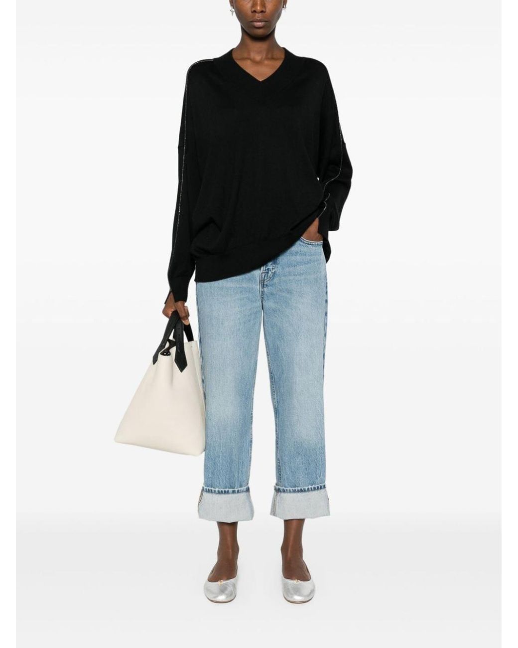 Brunello Cucinelli Black Long Sleeve V-Neck Sweater