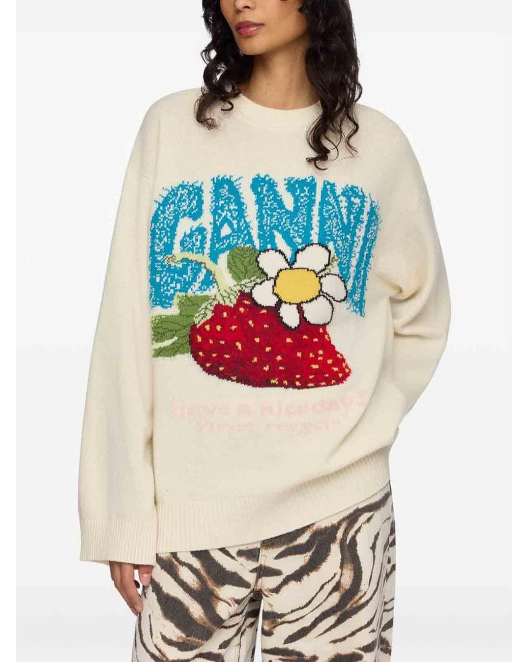 Ganni White Wool Crewneck Sweater
