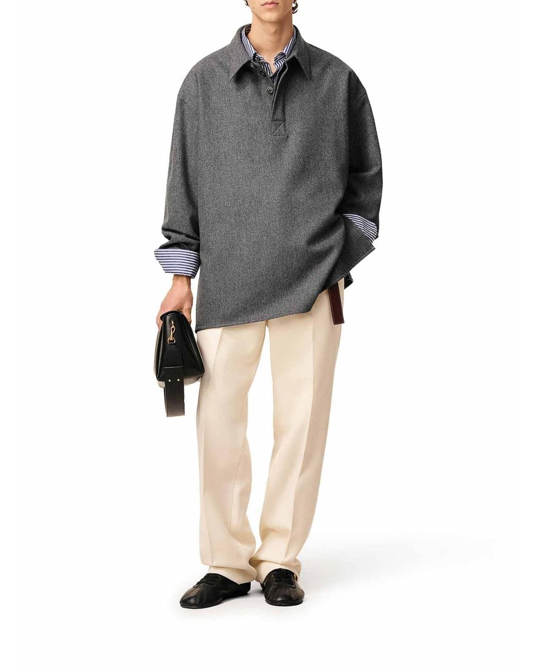 AMI Gray Long-Sleeved Wool Polo Shirt for men