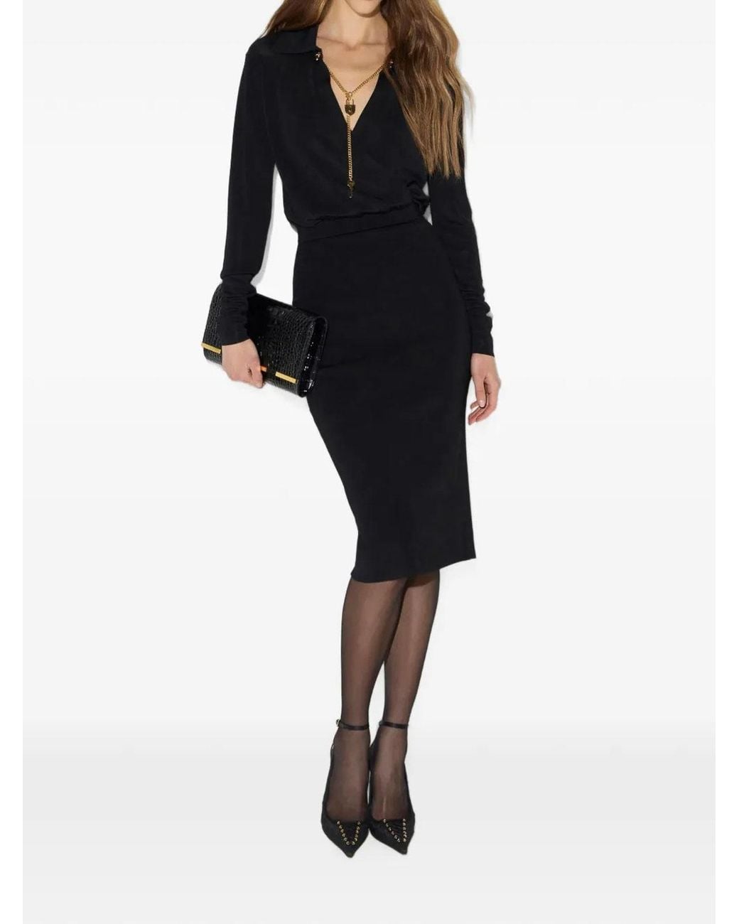 Elisabetta Franchi Black Viscose V-Neck Long-Sleeve Midi Dress