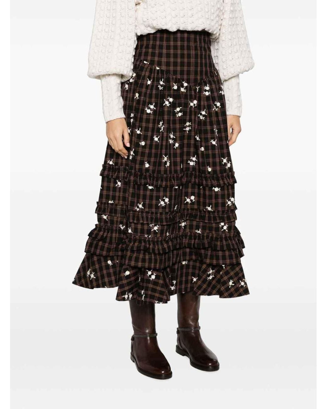 Ganni Black Checked Midi Skirt With Floral Embroidery