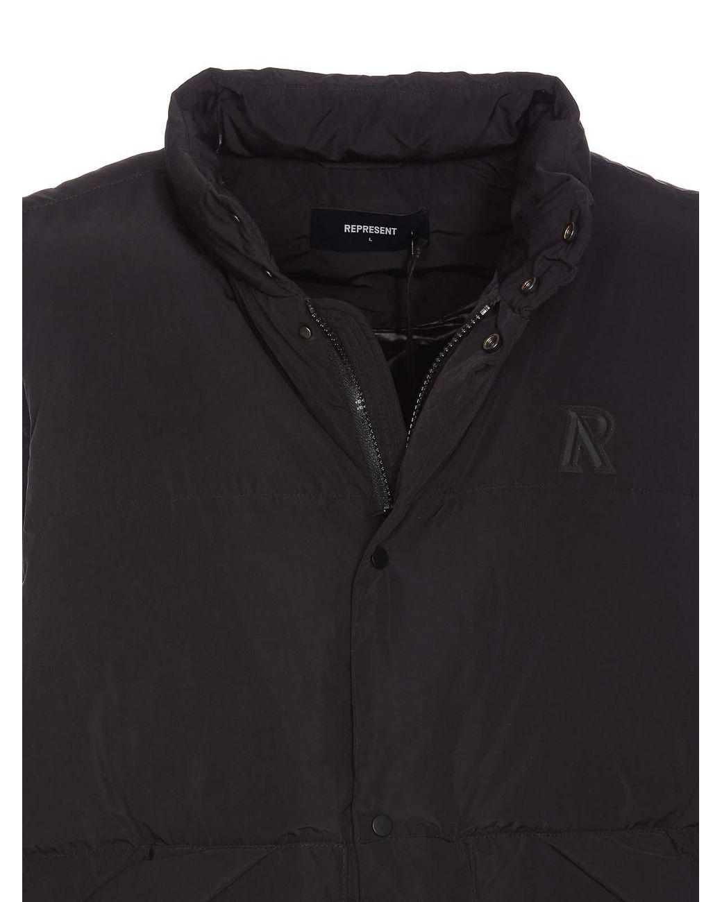 Represent Black Sleeveless Padded Vest With High Collar for men