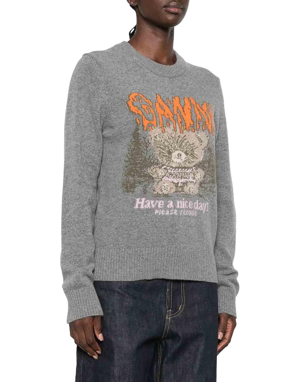 Ganni Gray Crewneck Knit Sweater With Front Graphic Intarsia