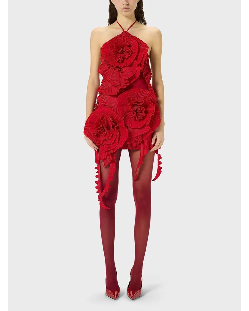 Blumarine Red Taffeta Dress With 3D Roses