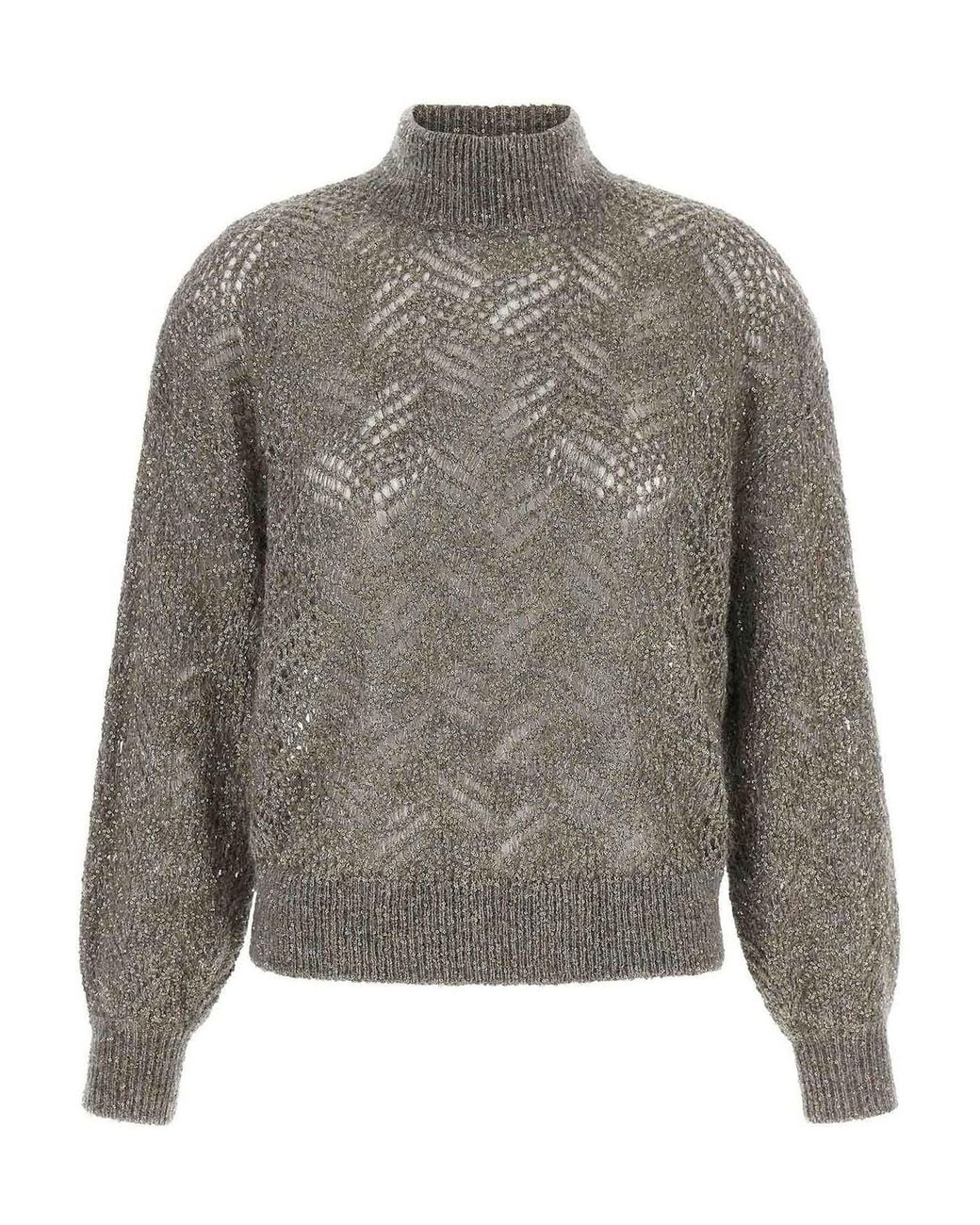 Brunello Cucinelli Gray Dazzling Abstract Leaf Jumper