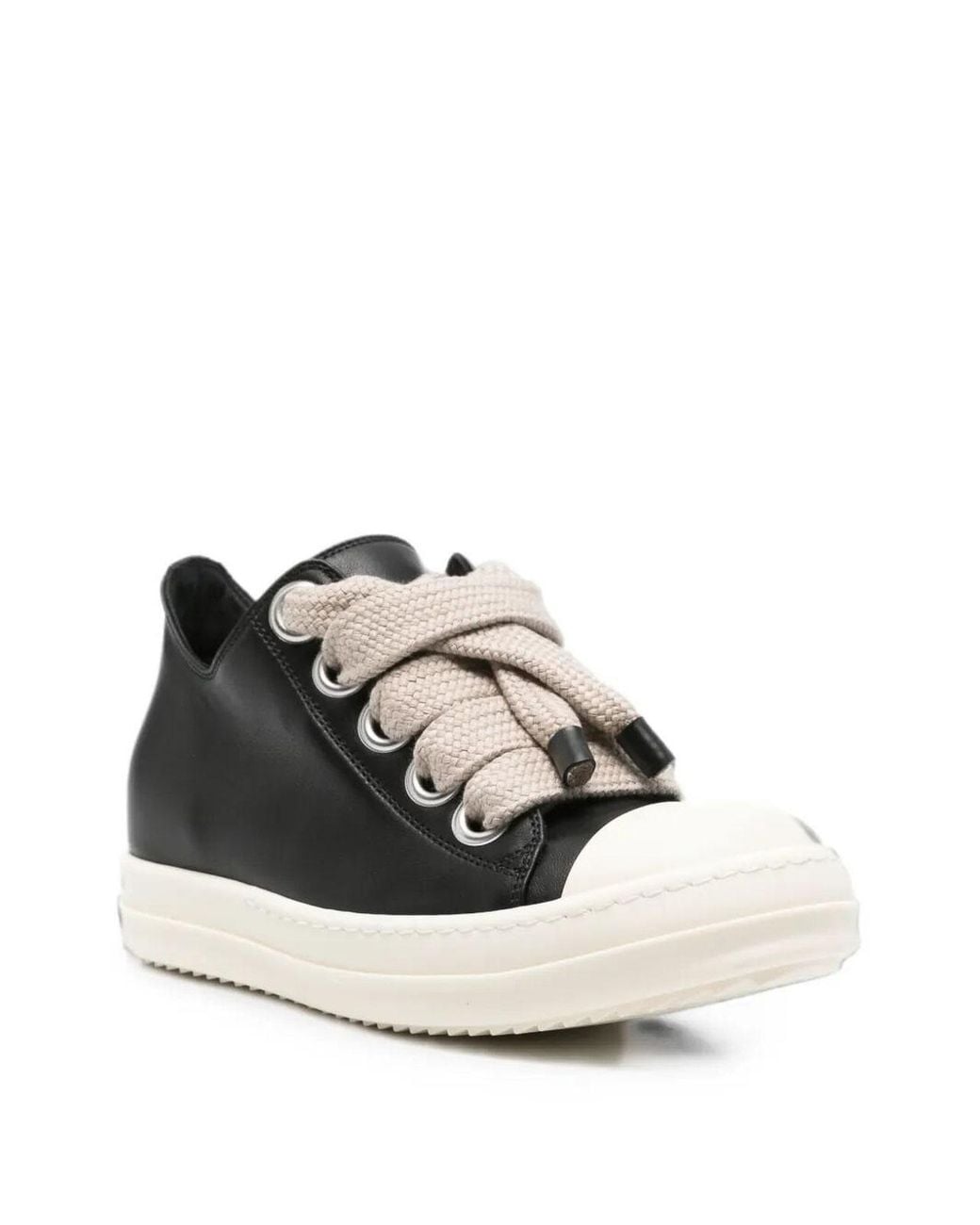 Rick Owens Black Low-Top Leather Sneakers With Oversized Laces