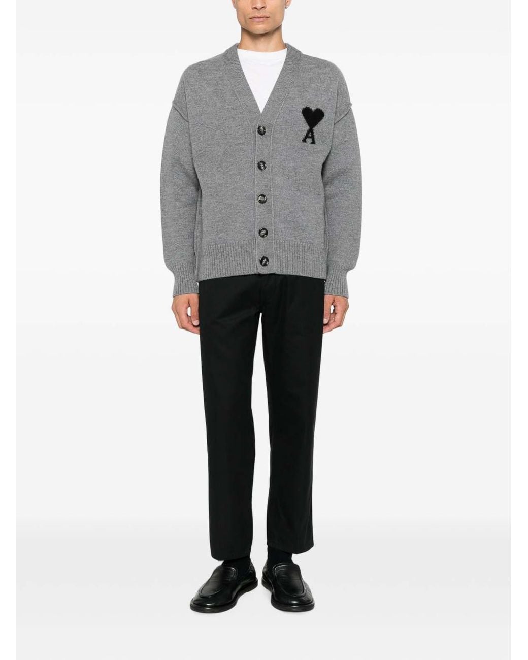 AMI Gray Ami De Coeur Wool Cardigan