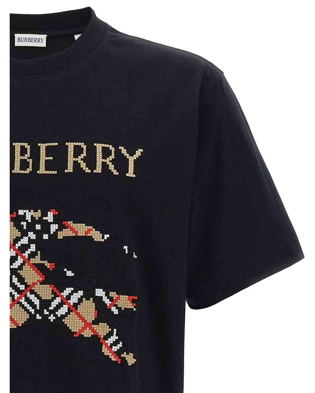 Burberry Black Equestrian Knight Design Cross Stitch T-Shirt for men