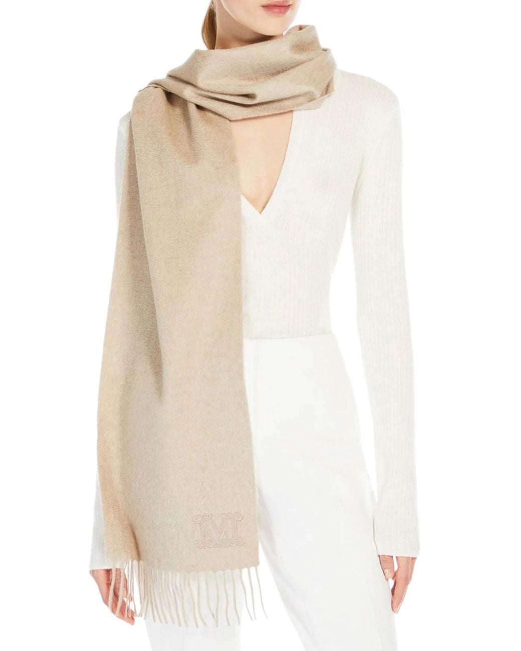 Max Mara White Cashmere Stole With Monogram Embroidery