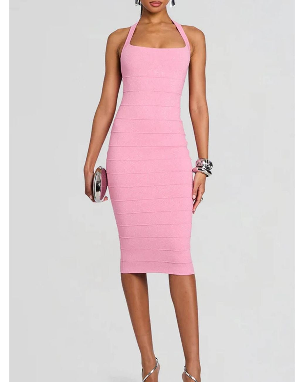retroféte Pink Strapless Midi Dress With A Halterneck