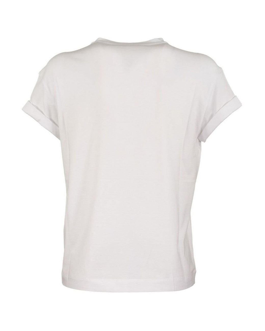Brunello Cucinelli White Rhinestones Detailed Chest Pocket T-Shirt