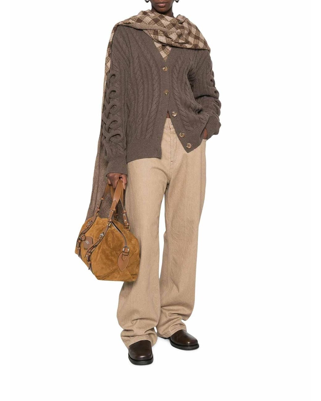 Etro Brown Cable Knit Cardigan With Curly Sleeves