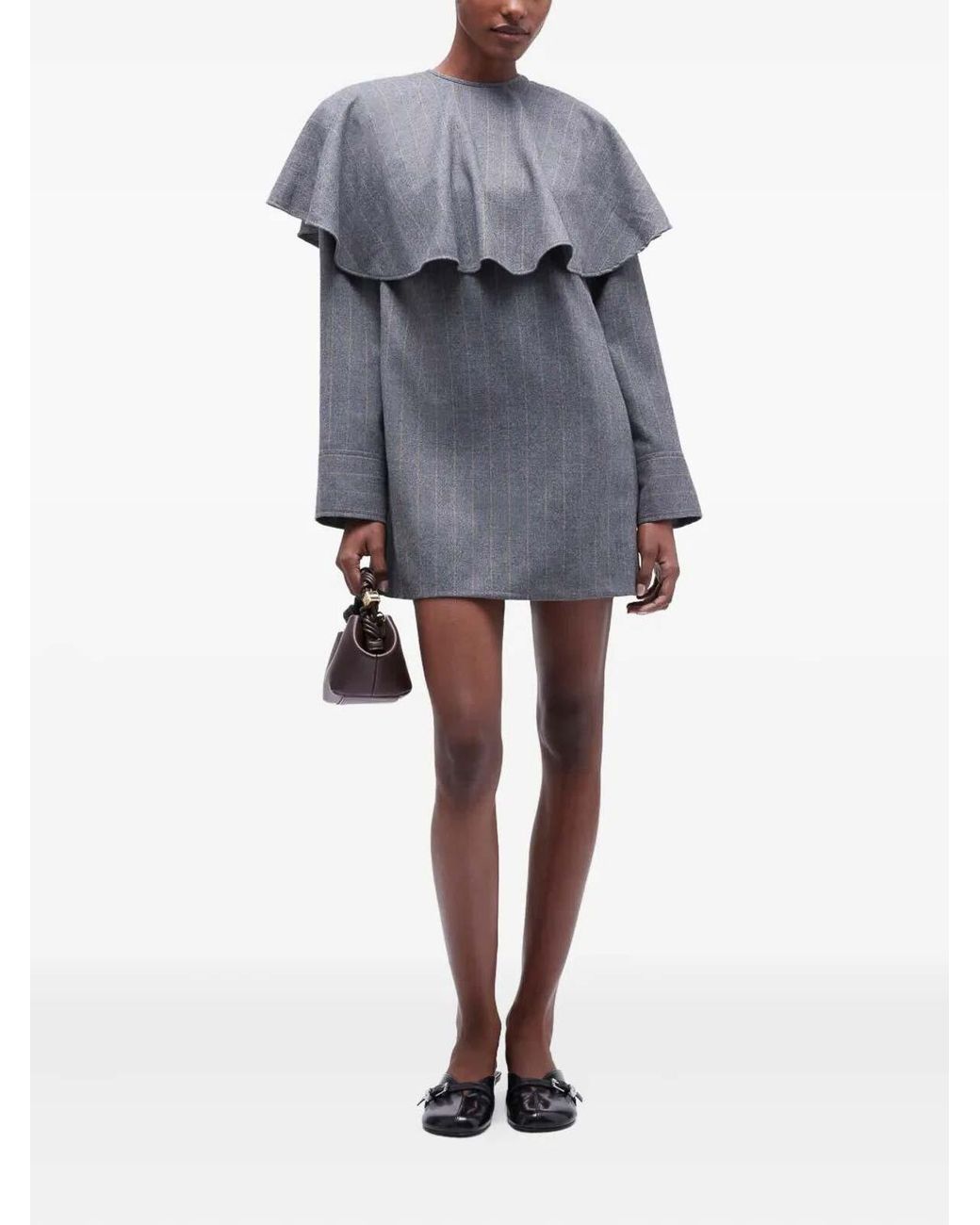 Ganni Gray Brushed Wool Stripe Circle Collar Mini Dress