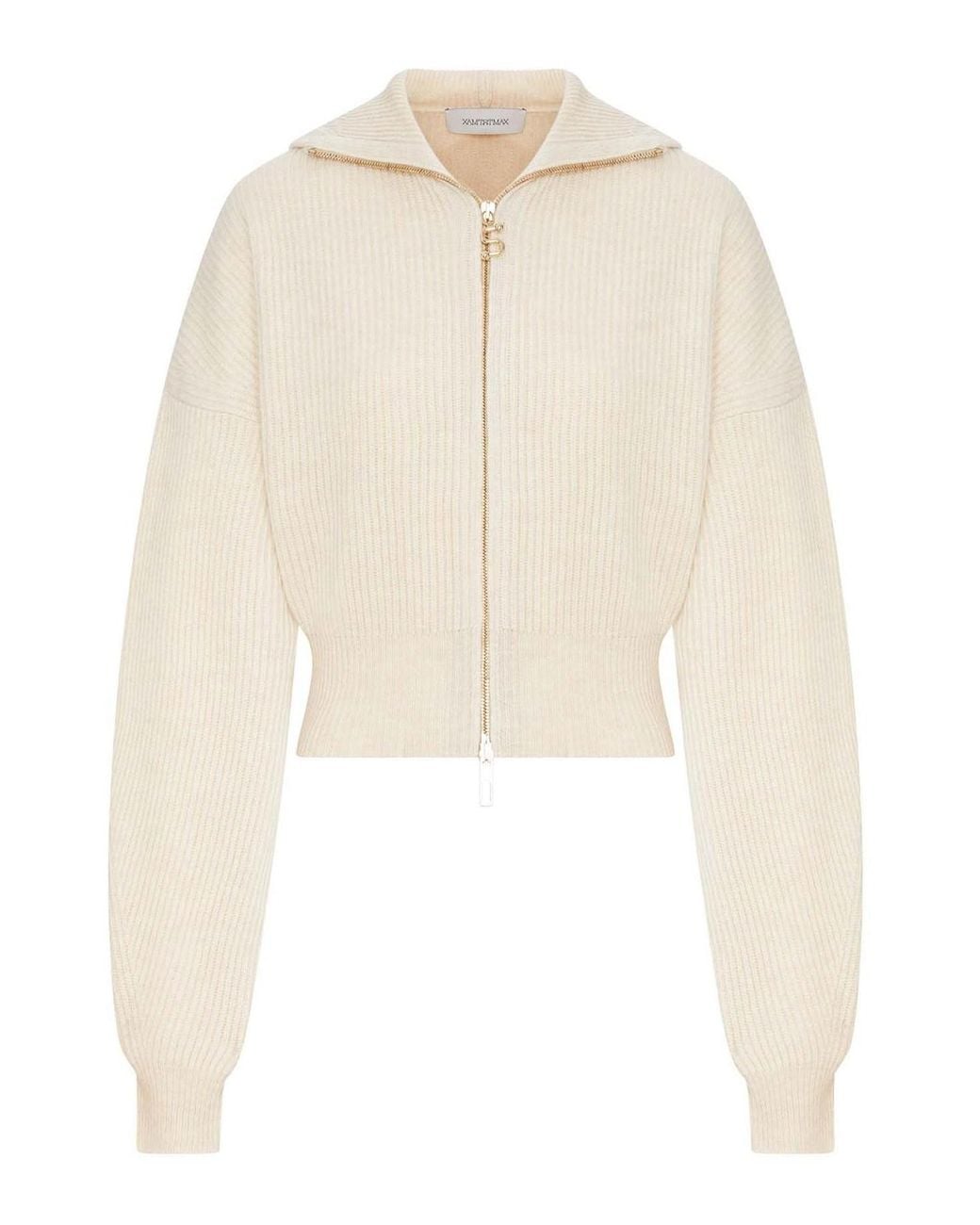 Sportmax White Ribbed Wool Cardigan With Wide Collar