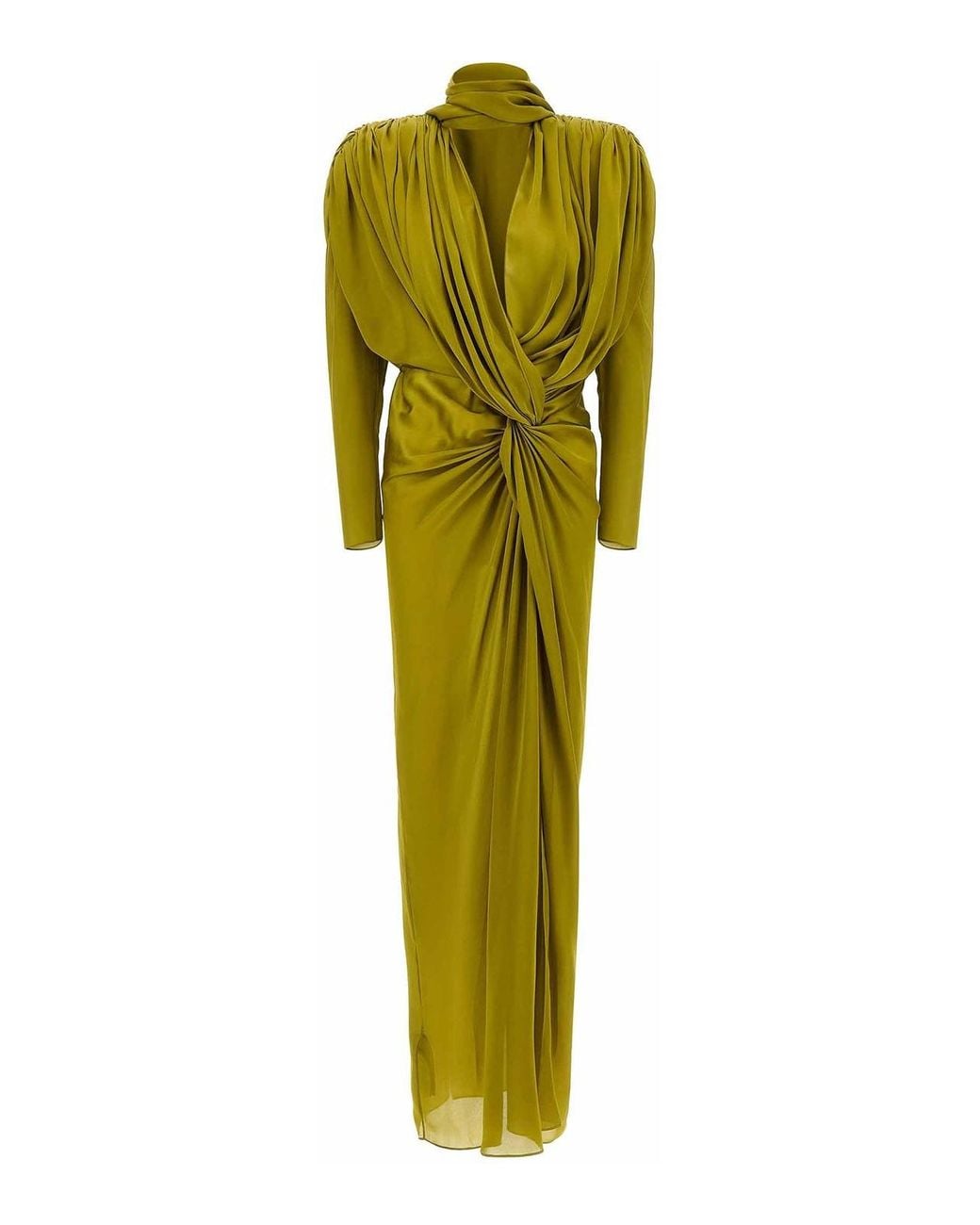 Balmain Green Draped Silk Dress With Knot