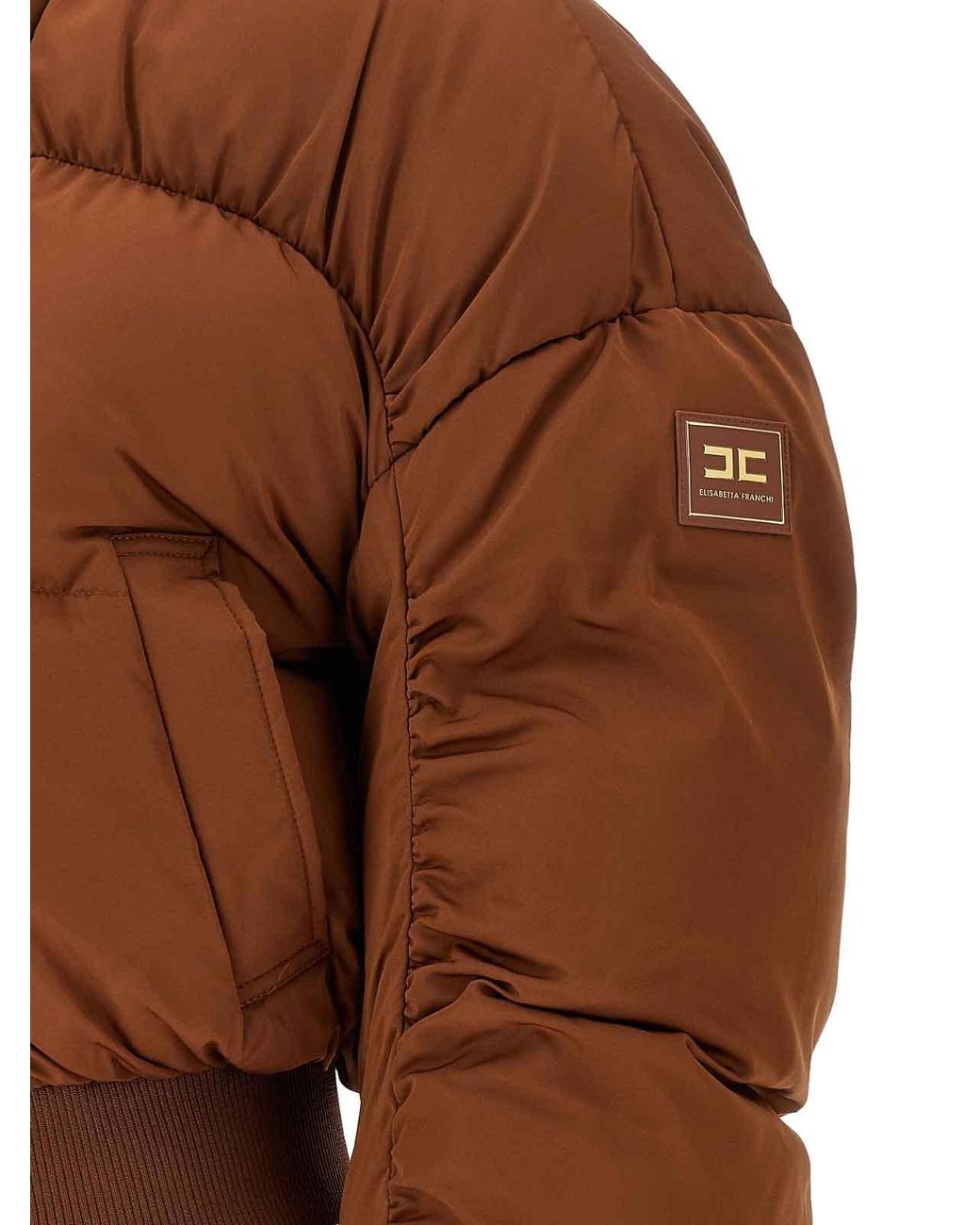 Elisabetta Franchi Brown Down Jacket With Curled Sleeves